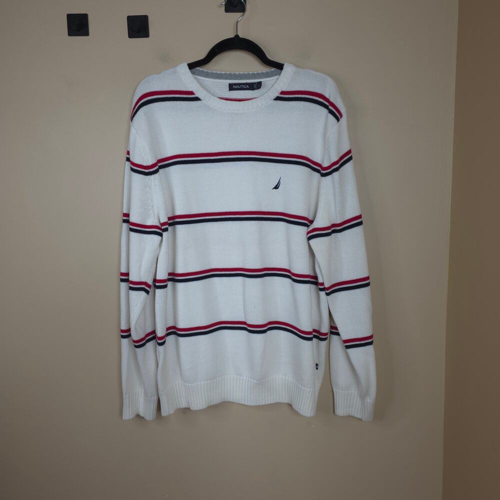 Nautica Striped 100% Cotton Crewneck Sweater in White Size L